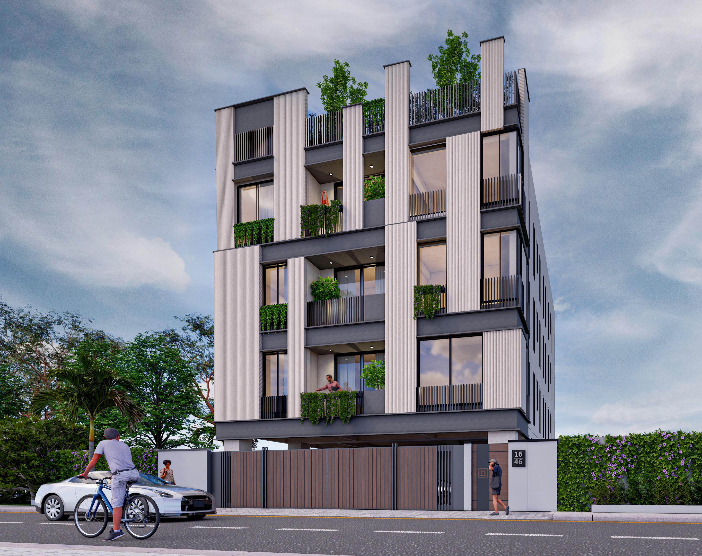 The Banyan — facade with planted balconies and rooftop garden